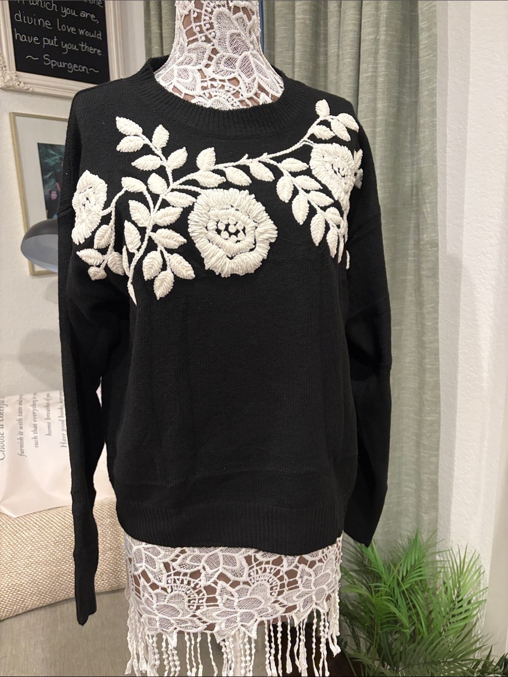Beautiful Black Sweater with Cream Floral Embroidery